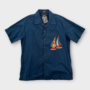 Vintage Hawaiian Shirt Mens Large Sailing Boat Print Canoe Cotton Blue CSI NEW